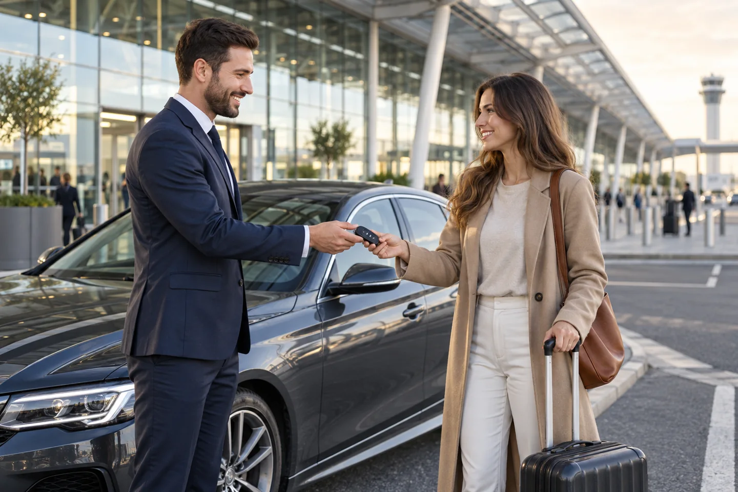 Putnica sa koferom preuzima automobil ispred aerodromskog terminala