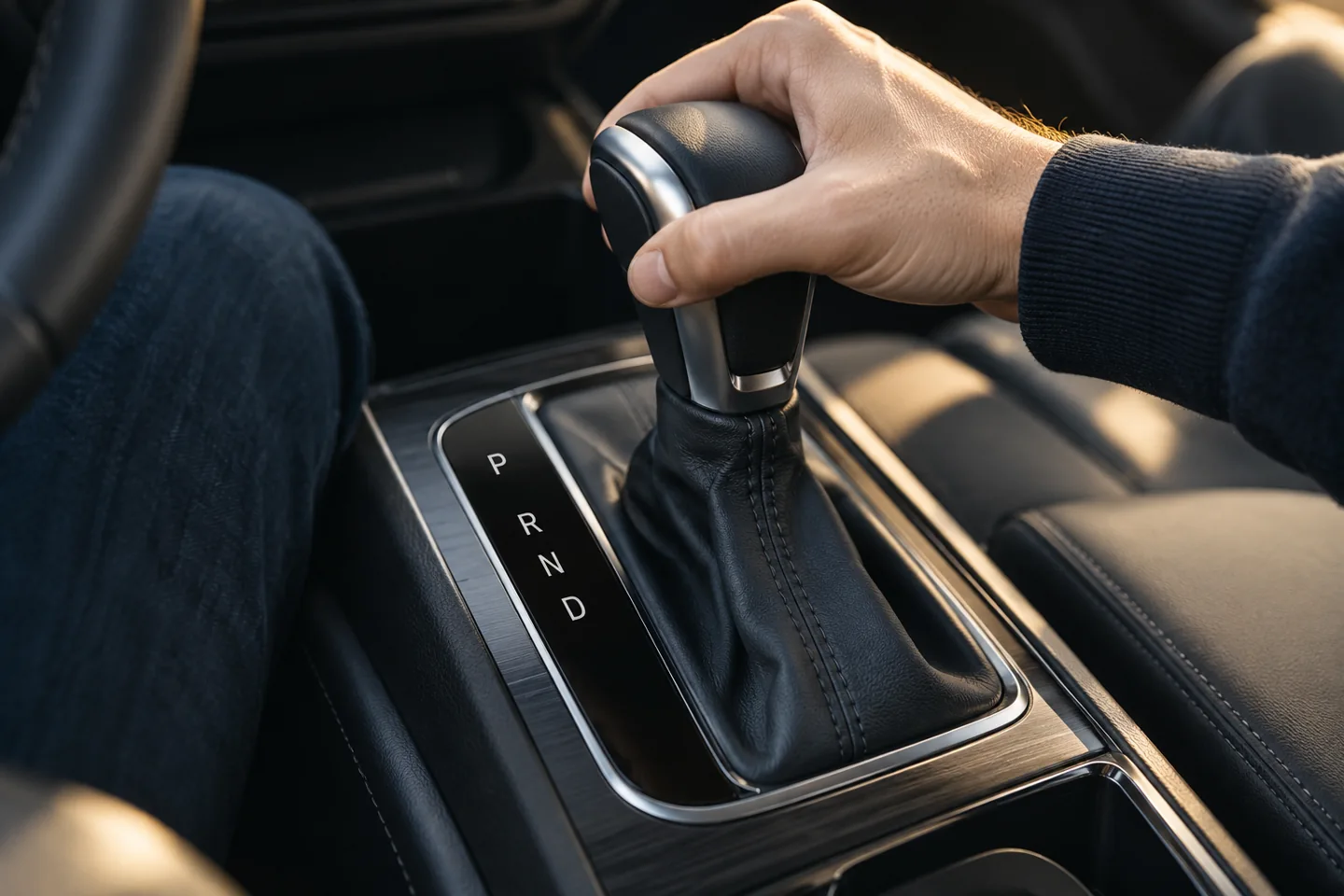Detalj automatskog menjača u udobnom enterijeru automobila
