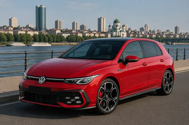 Crveni Volkswagen Golf 8 hibrid iz Stella rent a car flote